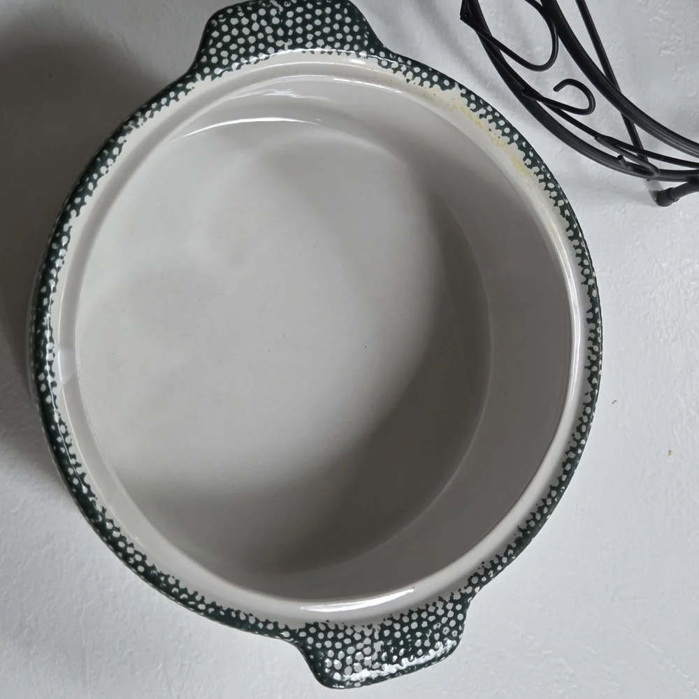 Vintage Green & White Heavy Farmhouse Style Heart Ceramic Casserole w/ Stand